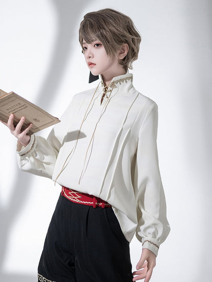 Chinoiserie Stand Ouji Shirt Lace-up Collar White