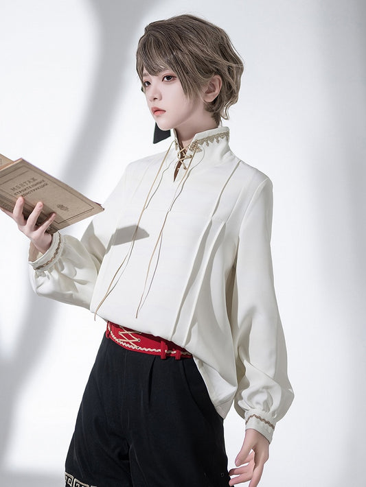 Chinoiserie Stand Ouji Shirt Lace-up Collar White