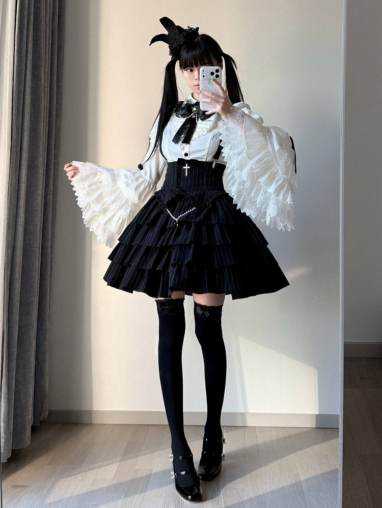with Detachable and Bow Bell Accents Black Lace Sleeves White Detail