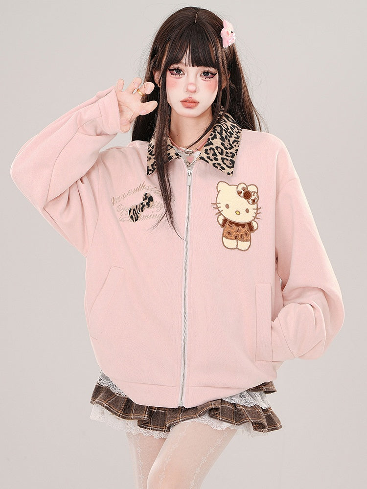 Pink Kitty Baseballjacke mit Leopardenkragen