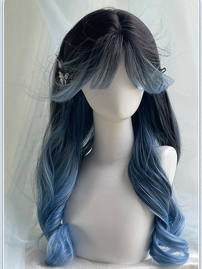 Ombre Blue Bangs Wellige schwarze Perücke 65CM und mit Länge
