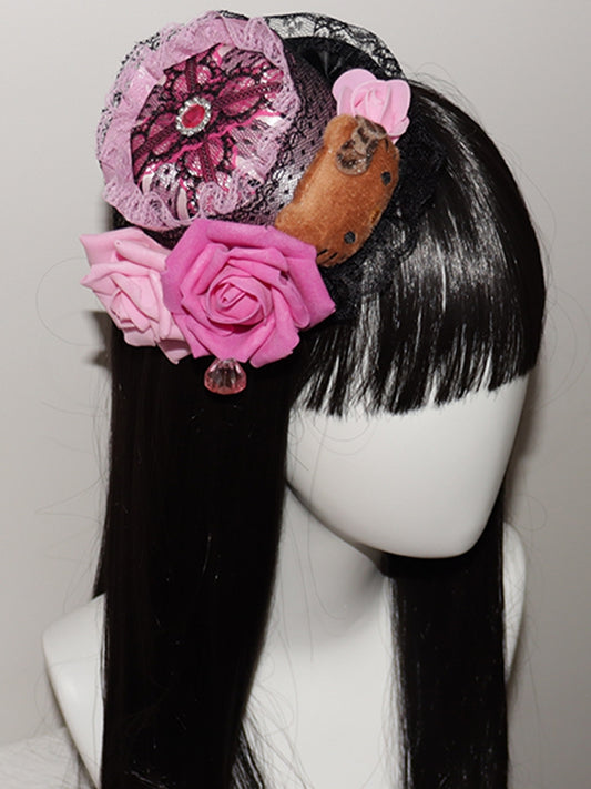 Mini Trim Hat Floral Plushie Lace BlackPink Kitty Design