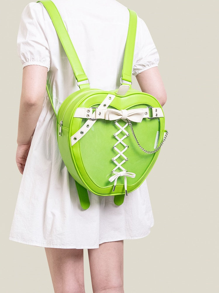 Belt And Bow Accents Chic Green Apple-Shaped Ita Backpack With White