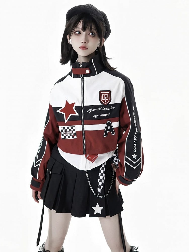 Red Cropped Embroidered Zipper Applique Jacket Moto-Inspired Accents with White