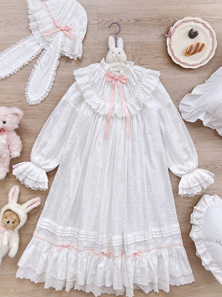 White & Pink Lace Lolita Dress with Bow - Tan Tuan