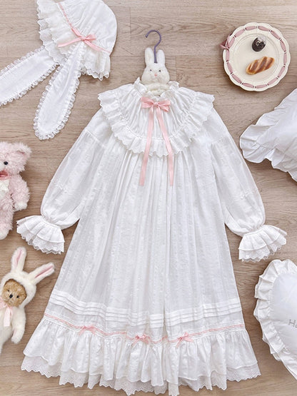 White & Pink Lace Lolita Dress with Bow - Tan Tuan