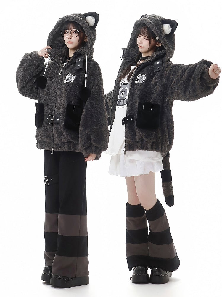 Two models wearing the PINK SAVIOR gray raccoon-ear hooded coat with black pockets