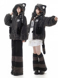 Two models wearing the PINK SAVIOR gray raccoon-ear hooded coat with black pockets