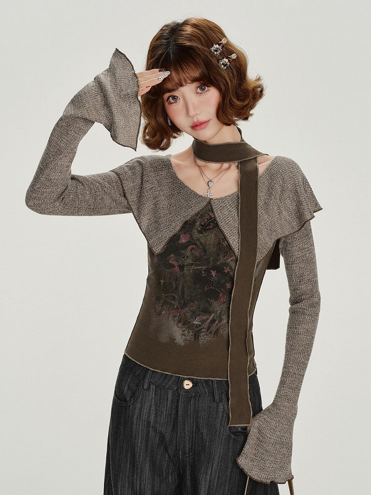 Vintage Long Sleeve Top with Ruffled Capelet Collar and Floral Print - Girlyhalo