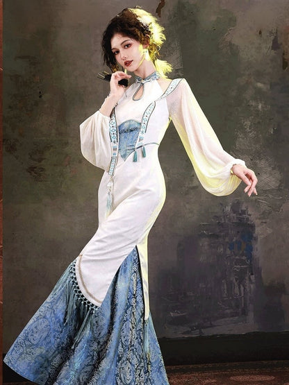 Elegant Blue & White Jacquard Long Cheongsam Gown with Cutout Accents - sijinstudio