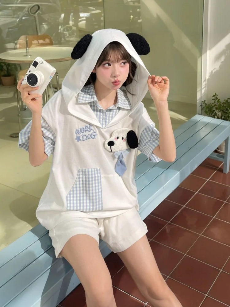 子犬の耳のデザインフード柄の2ピースホワイト＆子犬フェイクTシャツブルーチェック柄