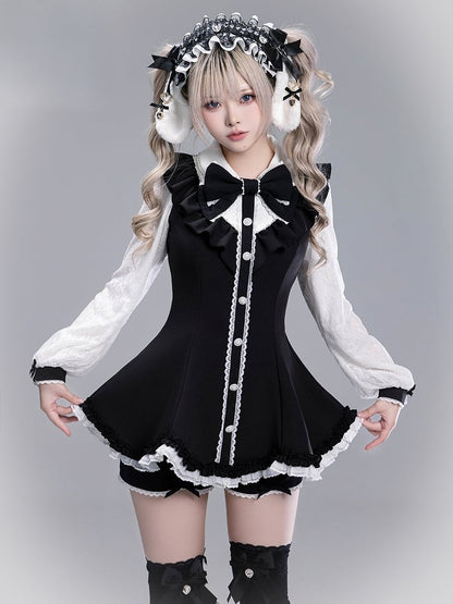 Black Kei with Coord Brooch and Set: White Trim Detachable Scalloped Shorts Edge Top Bow Jirai