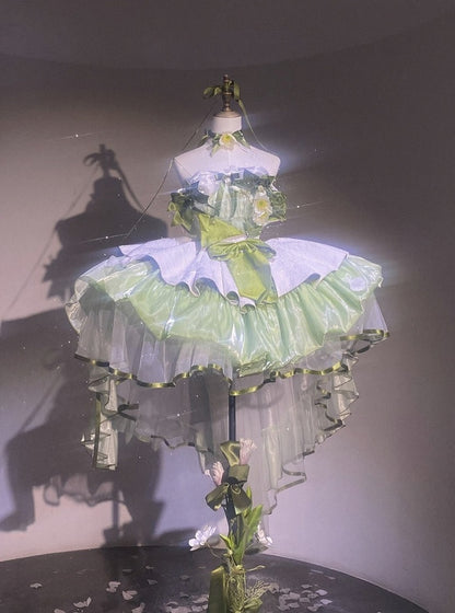 Green Balletcore Puffy Dress with Bow Accents - POSHEPOSE