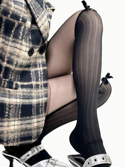 Tights Black/Beige Decorated Bowknot Striped