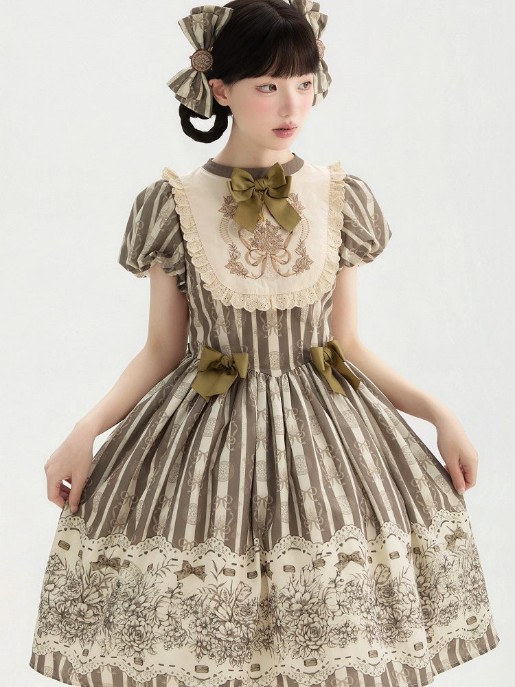 Version Lolita Embroidery Bodice Floral Pattern One and Brown Bowknot Short Striped Piece Classic