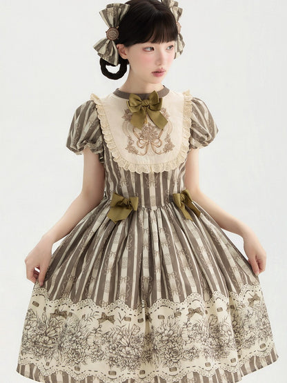 Version Lolita Embroidery Bodice Floral Pattern One and Brown Bowknot Short Striped Piece Classic