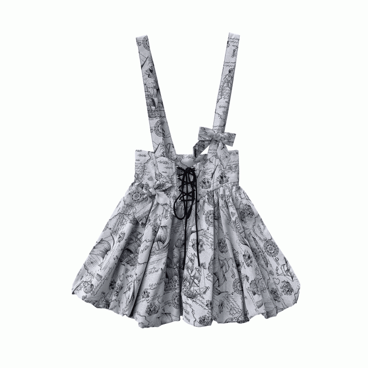 Gray Jacquard Lace-up Waist Overall Bubble Skirt
