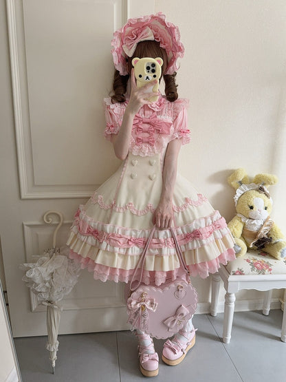 Pink Yellow Sweet Hemline Bows Ruffle Decorated Old Layered and