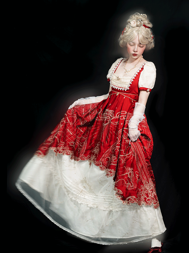 One Beige Elegant Lolita Piece Celestial Red and Classic Map Embroidery Empire Waist Wine Delicate Gold