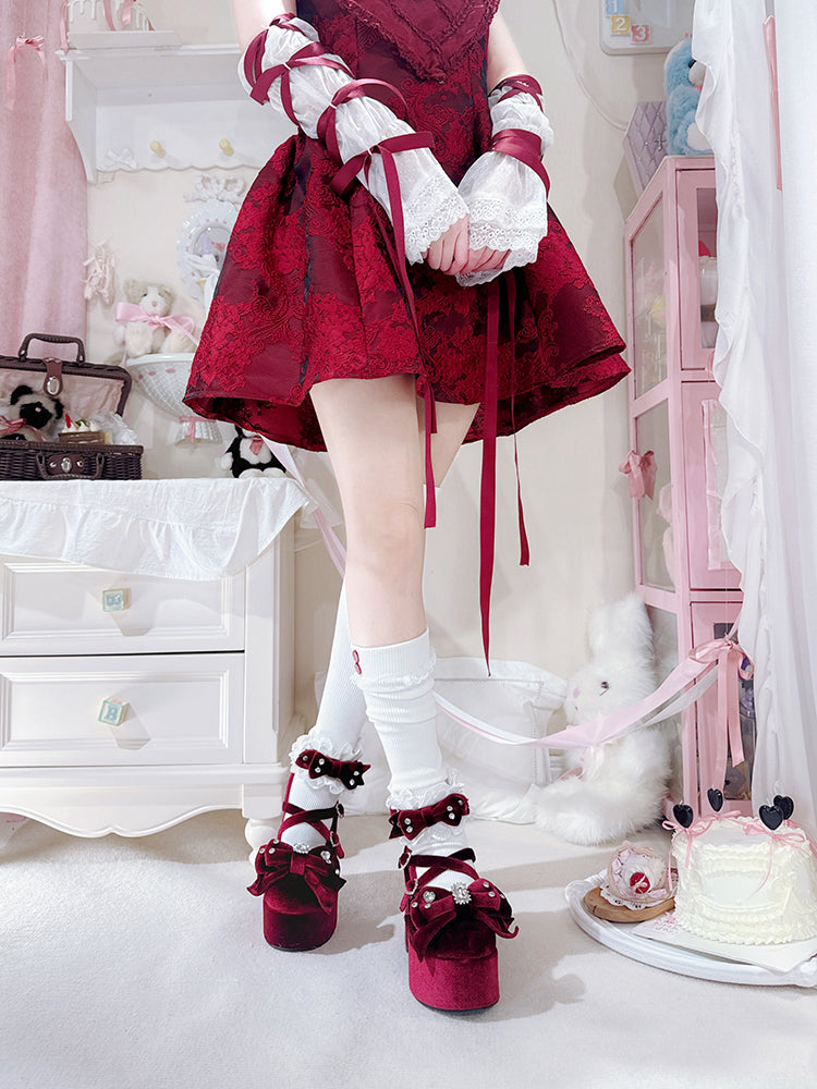 レッドジライジェーンズオールドメアリーワイン系ロリータボウベルベットハイヒールブロックアクセントスクール