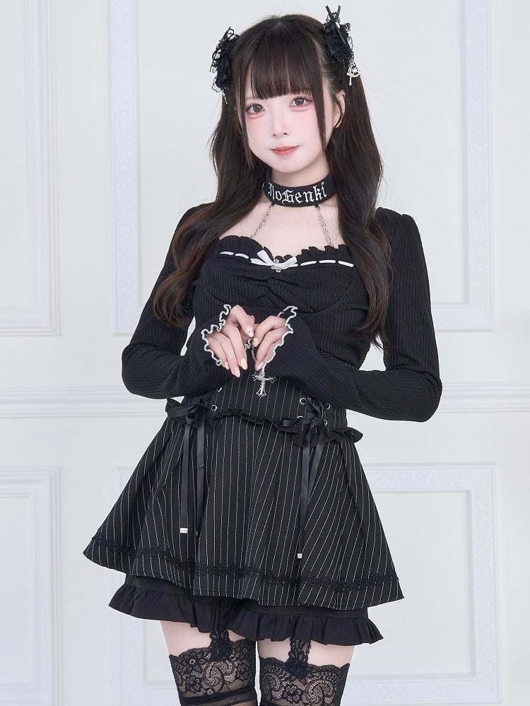 Black White Sleeves Kei Contrast Lettuce Choker Top - Jirai Hem