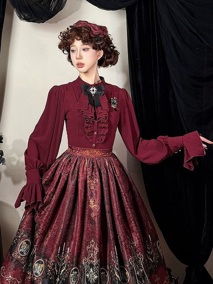 Jabot Tie and Ruffled Red Blouse Placket Long-sleeved Lolita with