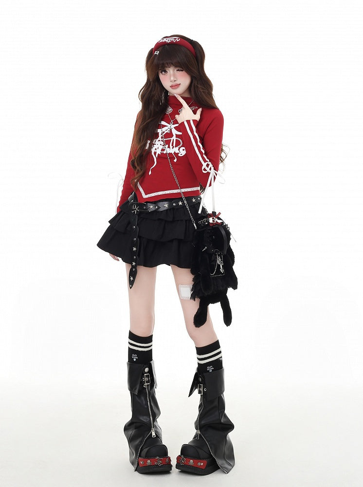 プリントカットアウト、蝶結び、カーブヘム、レッド/ブラック、モックウィングシェイプ、ヴィンテージネック