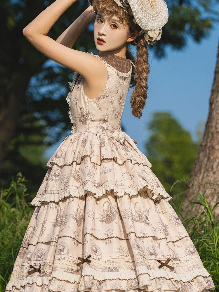 Beige & Brown Floral Print Tiered Ruffles Elegant Classic Lolita Dress with Plaid-Patterned Collar