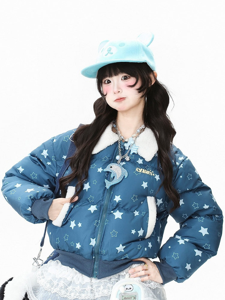 Blue Closure Off-white/Dark Pattern Blouson Star with Daily Kawaii Fleece-lined Jacket Zipper