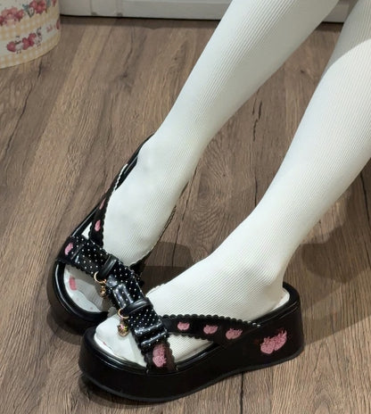 Plattform Erdbeere Top Schwarz Print Hausschuhe Schleife Lolita Wa bei