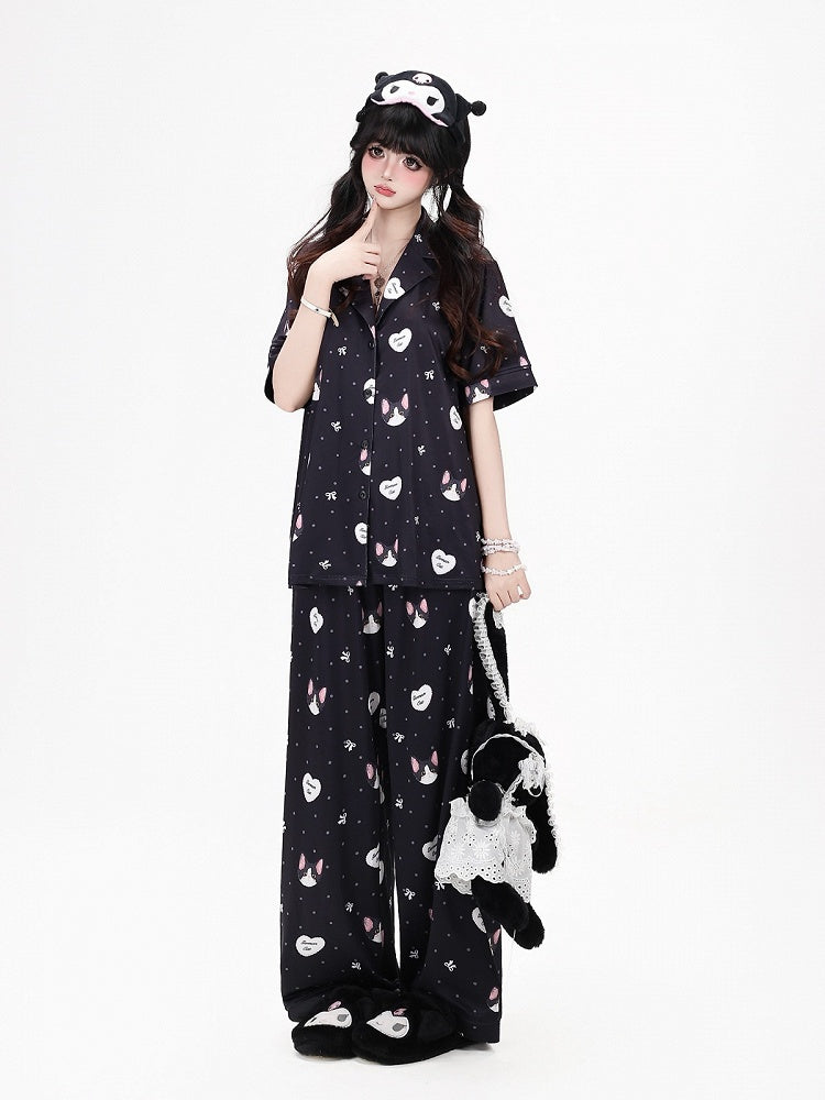 Otaku-Style Black Lounge Wear Set: Kitten Print Short-Sleeve Top + Matching Pants - CRAZY GIRL