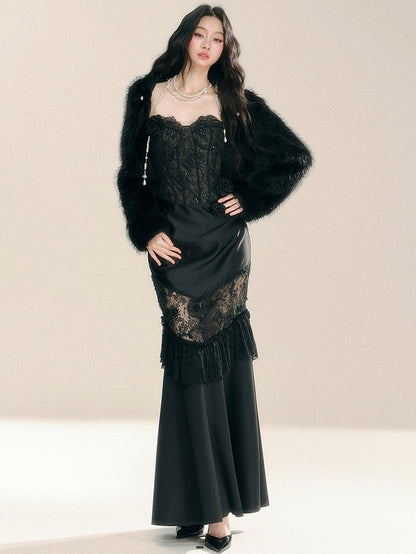 ブラックフローラルレースコルセットボディスパッチワークドレスイブニングガウン