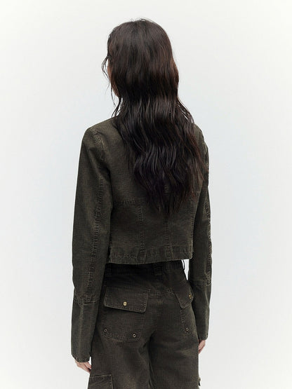 Vintage Coffee Short Zip Jacket with Pocket - Low pixel