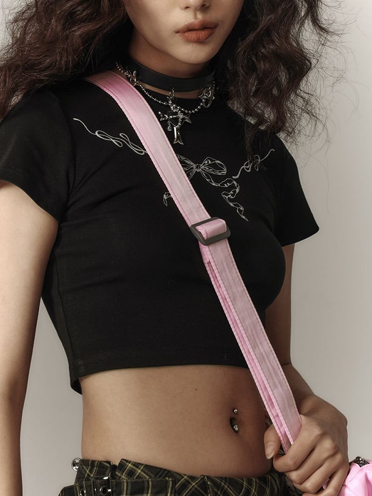 with Cutout Print Black T-Shirt Cropped Trim Bow Punk Lace White Back
