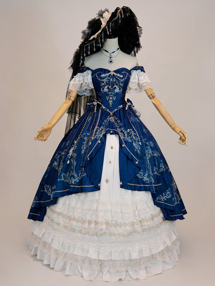 Dark Blue and White Boned Corset Bodice Gorgeous Printed Train Lolita Dress Full Set