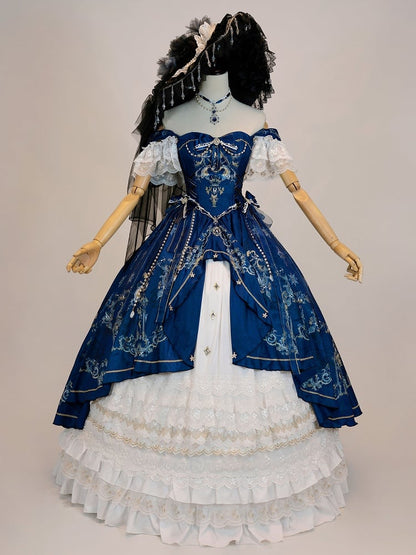 Dark Blue and White Boned Corset Bodice Gorgeous Printed Train Lolita Dress Full Set