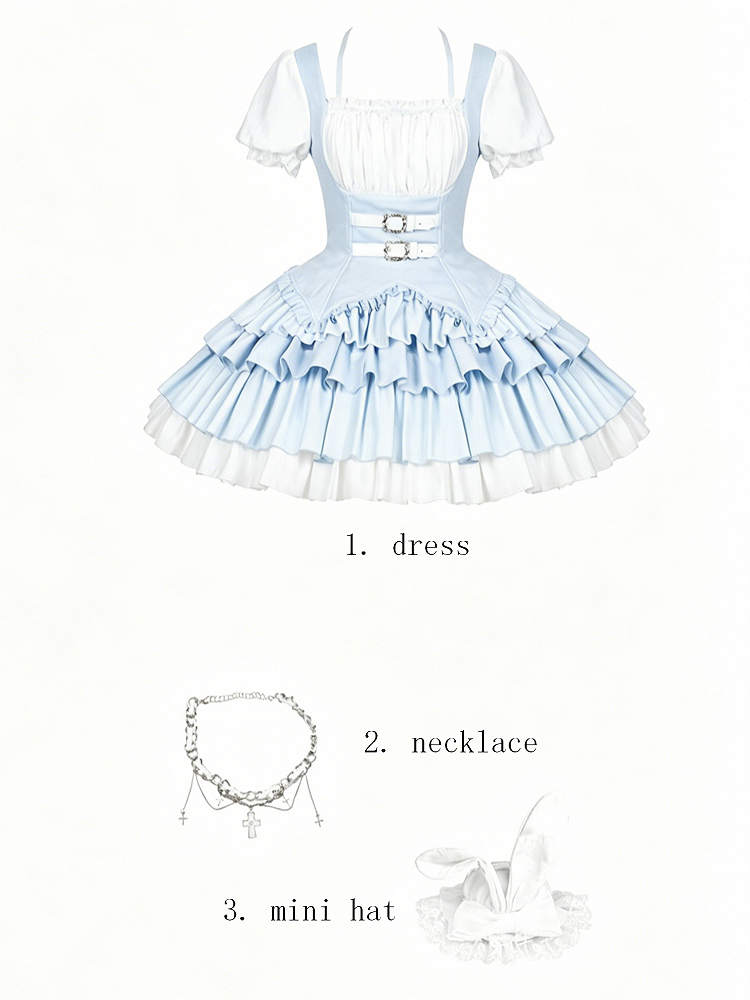 Blue & White Striped OP Dress Set with Necklace and Rabbit Hat - With PUJI