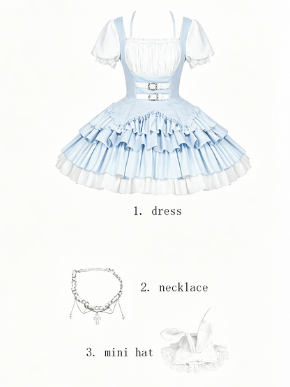 Blue & White Striped OP Dress Set with Necklace and Rabbit Hat - With PUJI