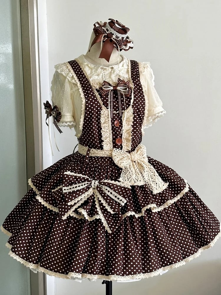 Muster Altes gepunktetes Schokoladen-Overall-Schulkleid Braun Lolita