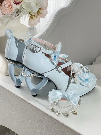 Lolita Hime High-heel Blue Lace Bow Trimmed Shoes -