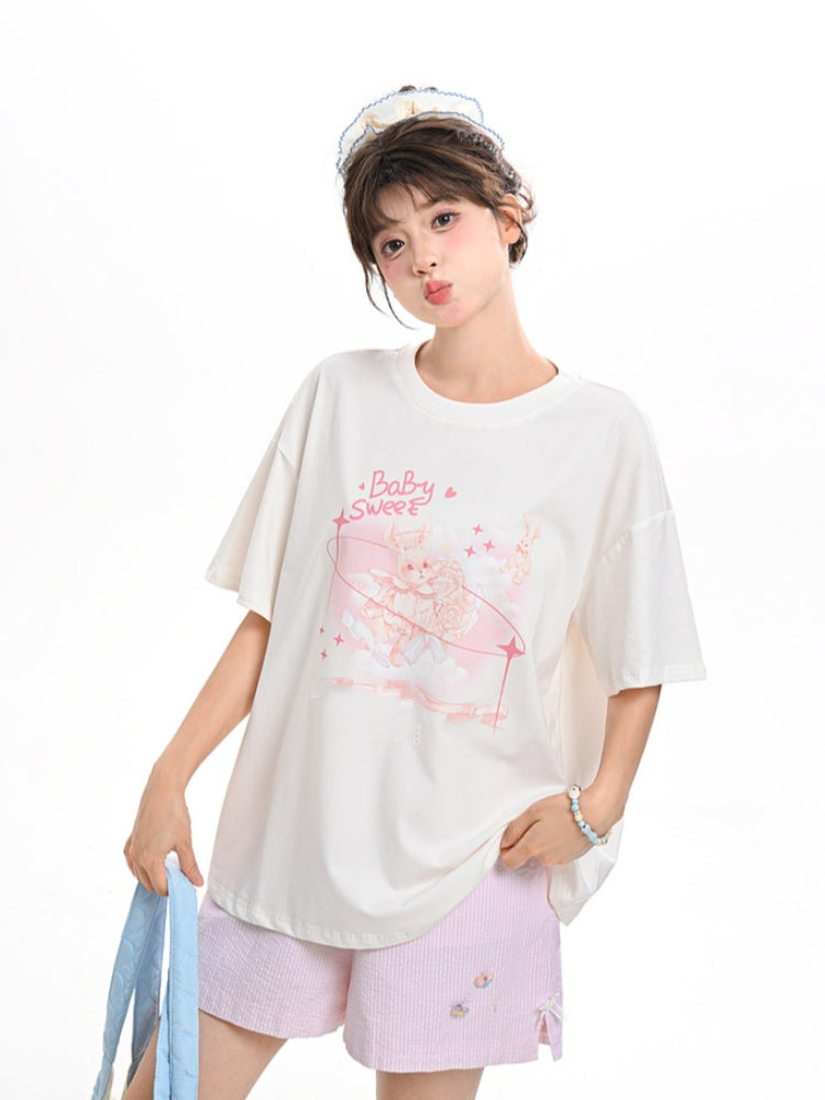 Pink Bunny Print White Round Neck Loose Sweet T-shirt