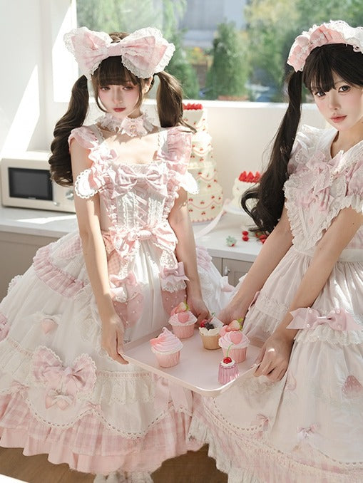 Details Sweet White with Pink Lolita Flutter Bow Dress Gingham Sleeves