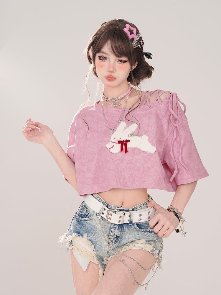 Embroidery Pink Asymmetrical Neckline Lace-Up Cropped T-shirt with Bunny