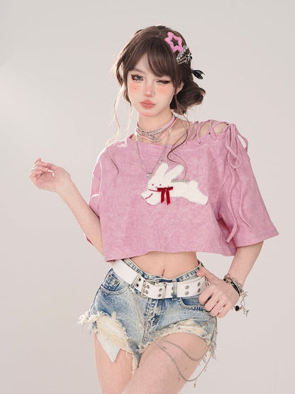 Embroidery Pink Asymmetrical Neckline Lace-Up Cropped T-shirt with Bunny
