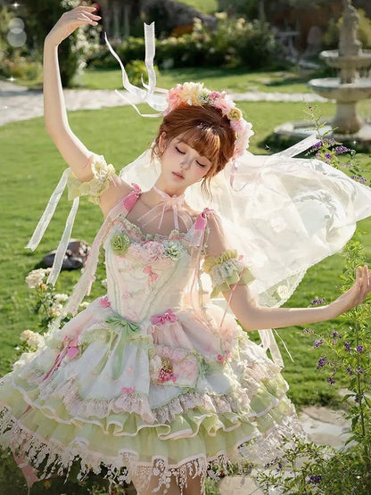 Sweet Lolita JSK Set with Floral Crown and Detachable Sleeves - Sweetheart Macaron Lolita