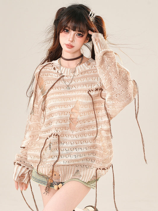 Protection Sun Gray/Beige Glamorous Long Hole Sleeves Distressed