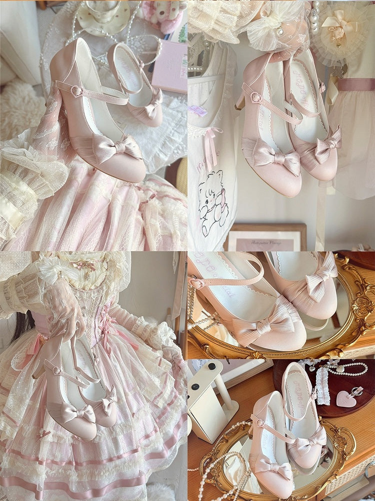 PU Pink Elegant Lolita Mary Janes - Mid-heel Design with Bow Accent & Heart Snap Closure