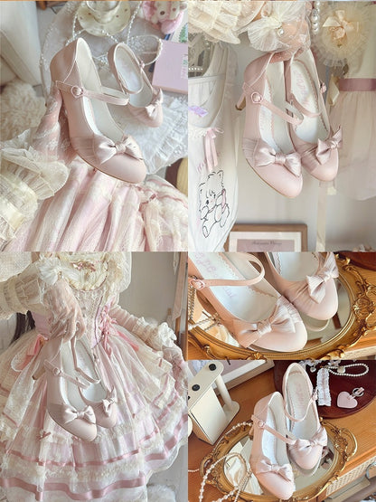 PU Pink Elegant Lolita Mary Janes - Mid-heel Design with Bow Accent & Heart Snap Closure