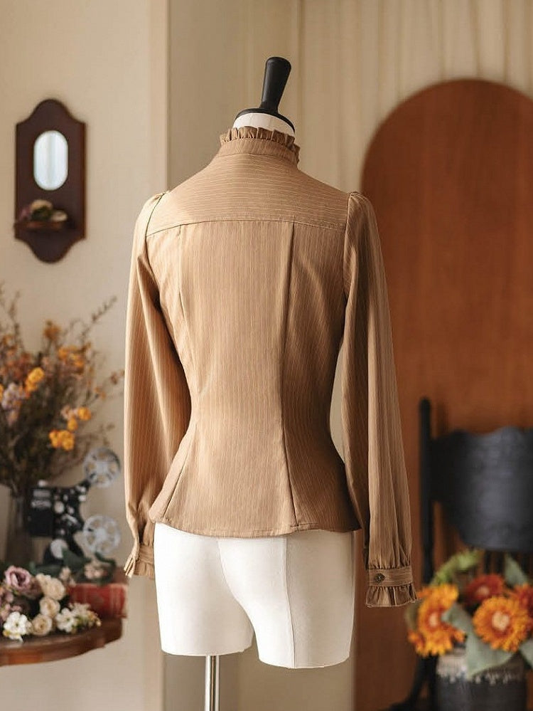 Shirt Long Ruffle Details Light Sleeves Brown with Striped Elegant