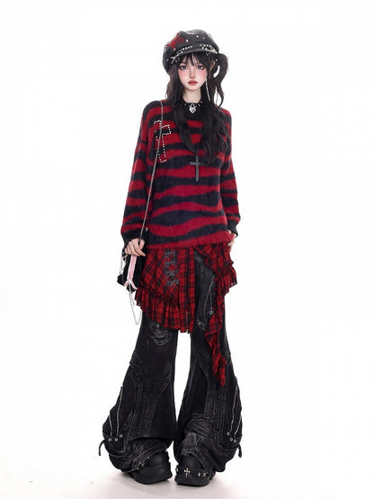 Knit Cross Black Sweater Striped Punk Pattern Red With Light